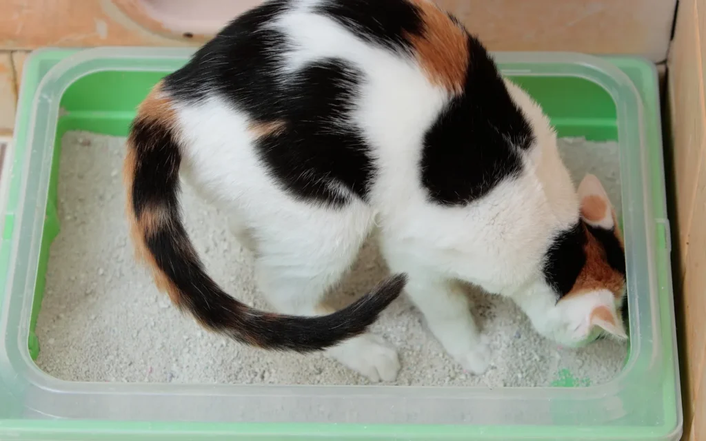 Gato dentro de un arenero limpio para explicar soluciones cuando no usa la bandeja