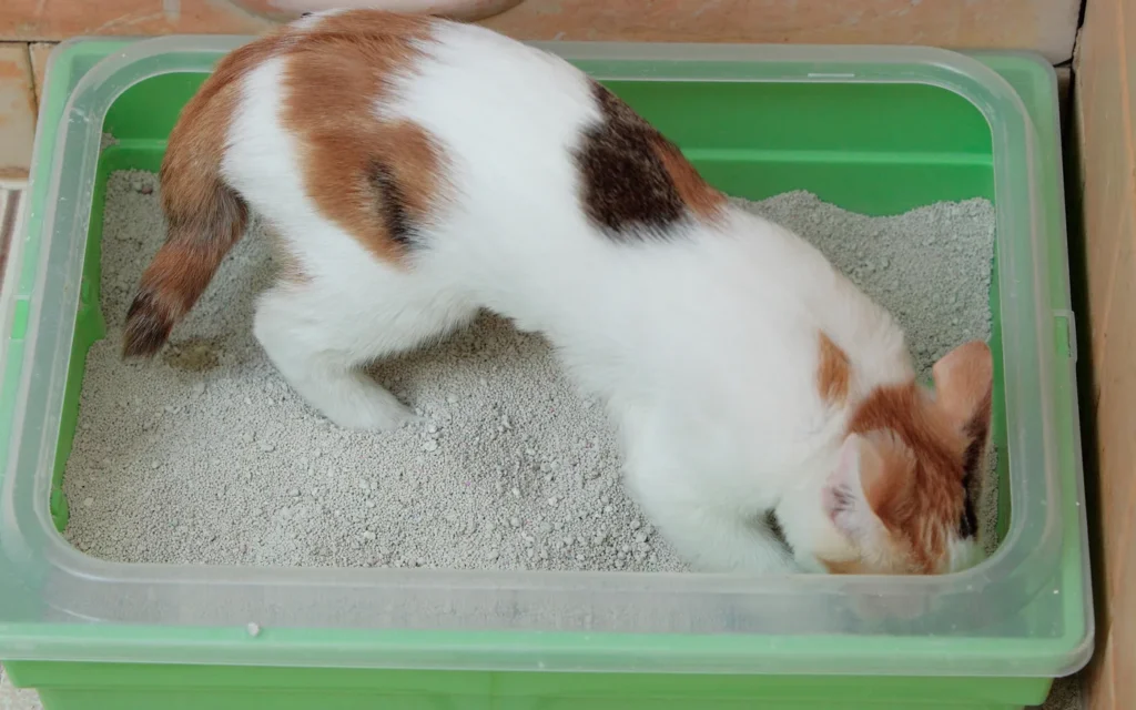 Gato dentro de un arenero para explicar por qué hace pis fuera